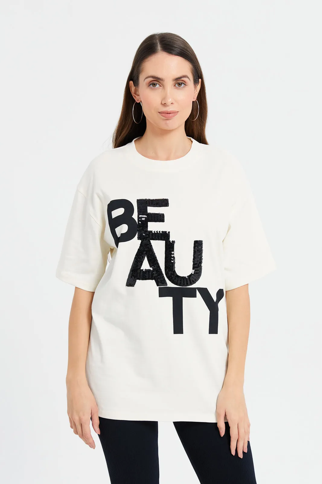 Women Cream Oversized Embellished T-Shirt sold by Redtag