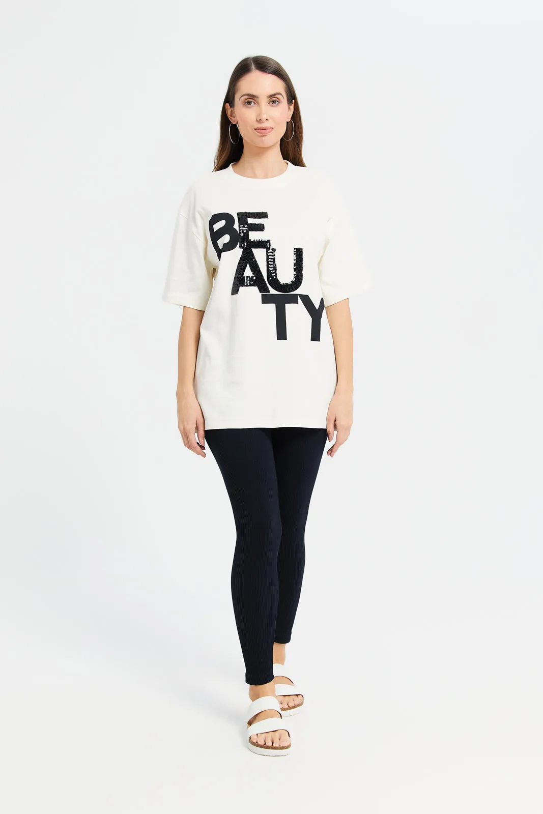 Women Cream Oversized Embellished T-Shirt sold by Redtag product image thumbnail 2