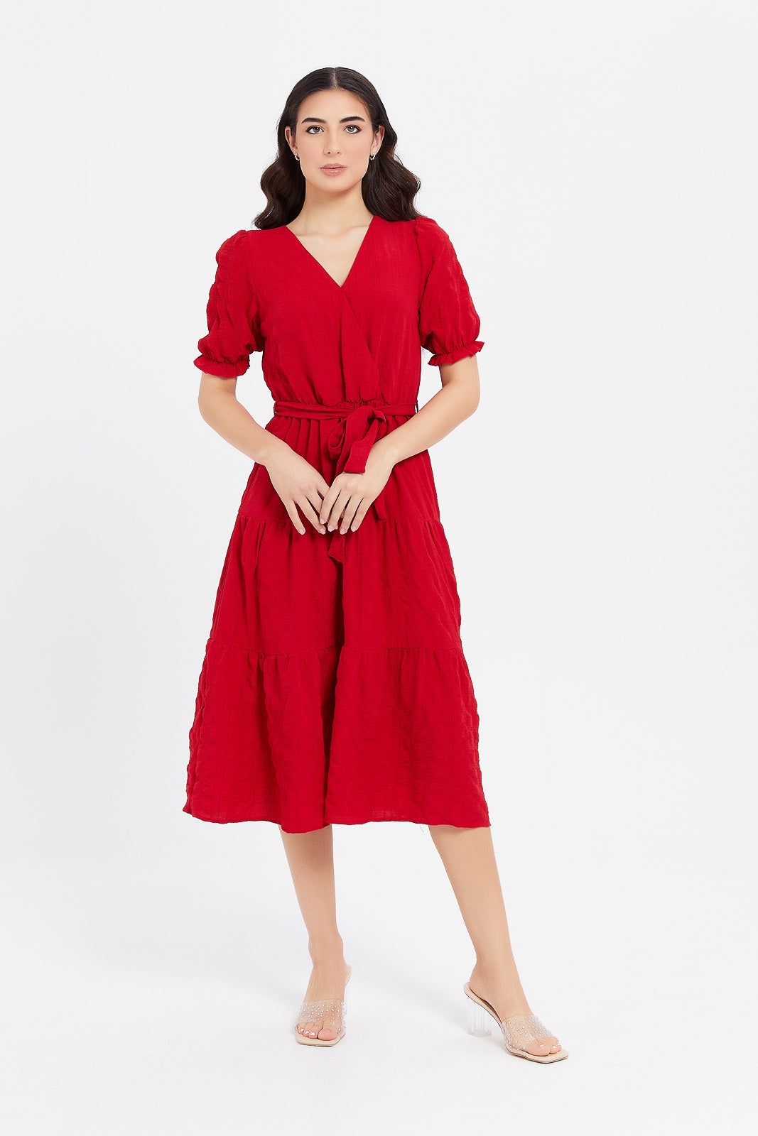 Women Red Textured Wrap Dress sold by Redtag