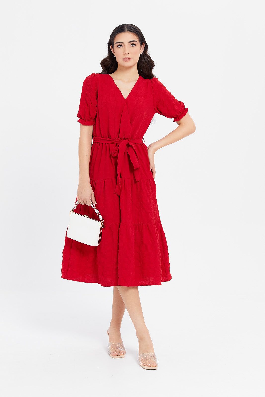 Women Red Textured Wrap Dress sold by Redtag product image thumbnail 4