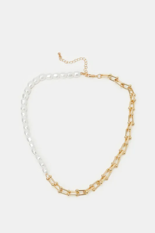 Women Gold And White Pearl Embellished Necklace sold by Redtag