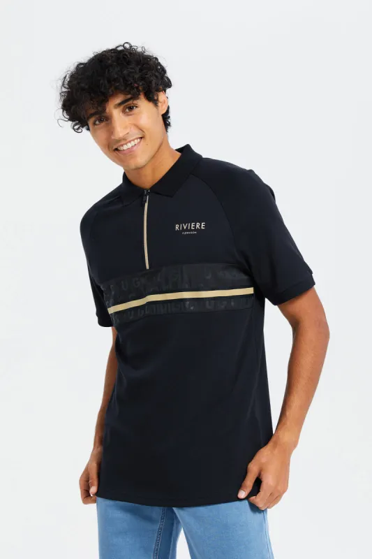 Men Black Zip Placket Polo Shirt sold by Redtag