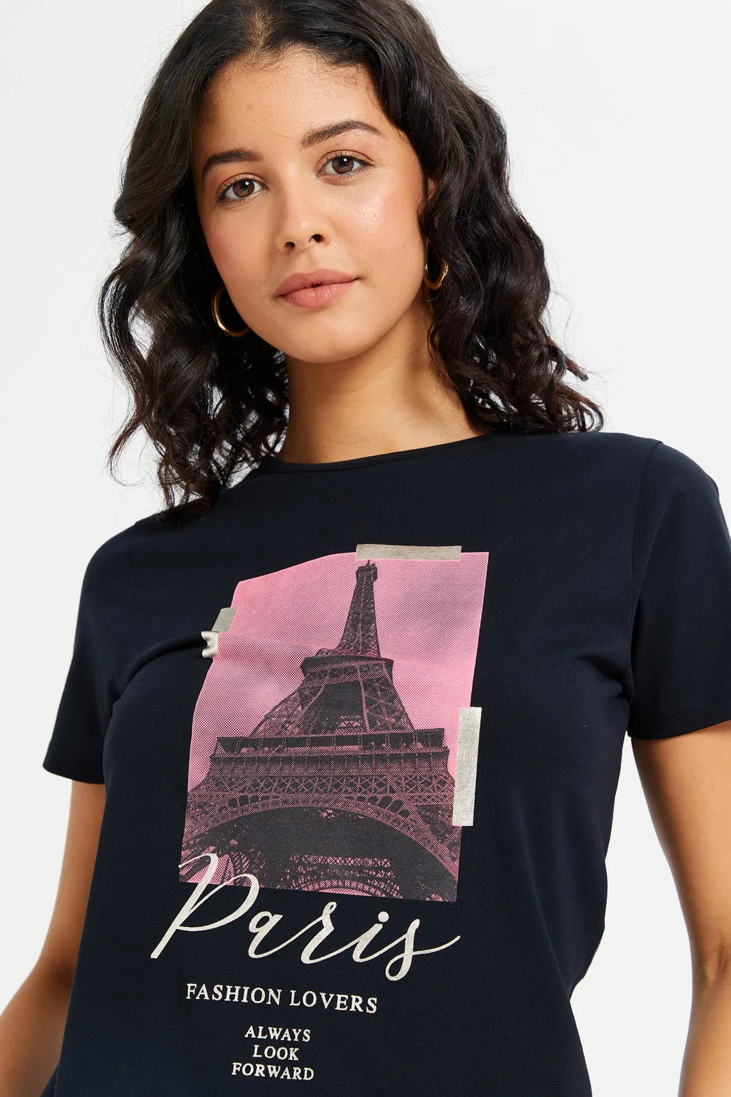 Women Black Paris Embellished T-Shirt sold by Redtag product image thumbnail 4