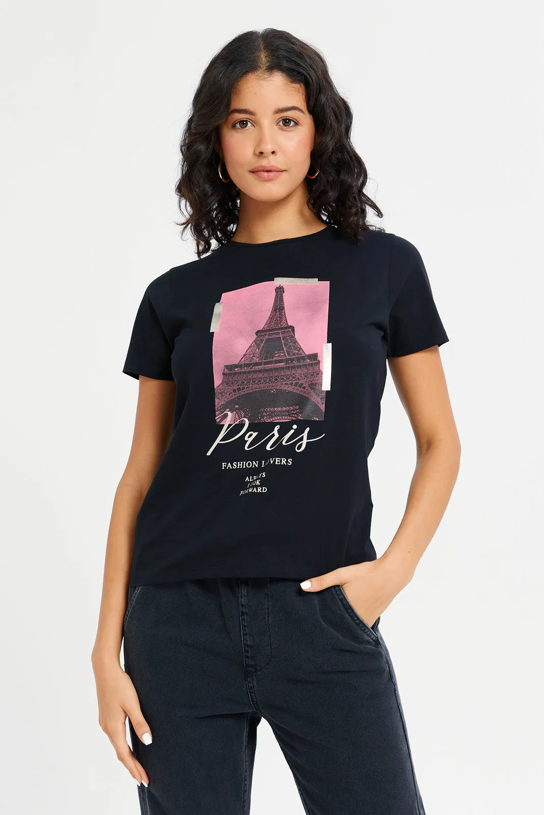 Women Black Paris Embellished T-Shirt sold by Redtag