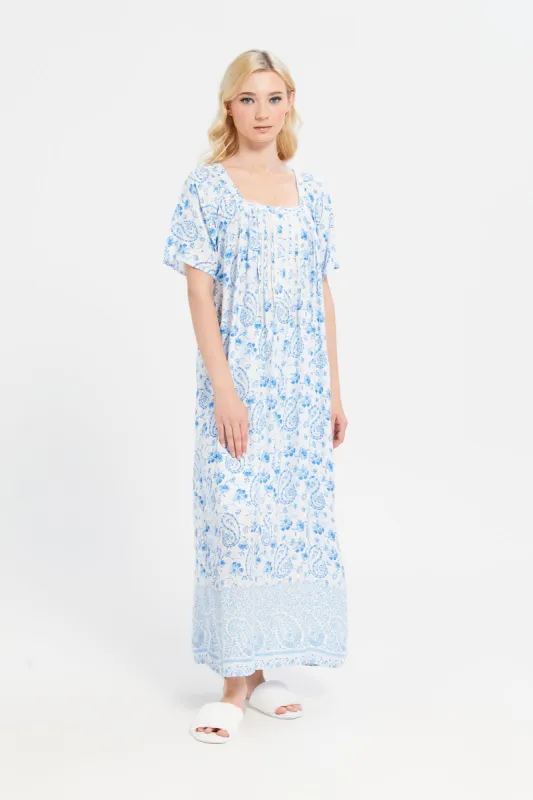 Women Blue Lace Short Sleeve Printed Nightgown sold by Redtag