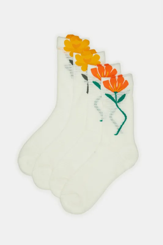 Women White Floral Waffle Full Length Socks (2 Pairs) sold by Redtag