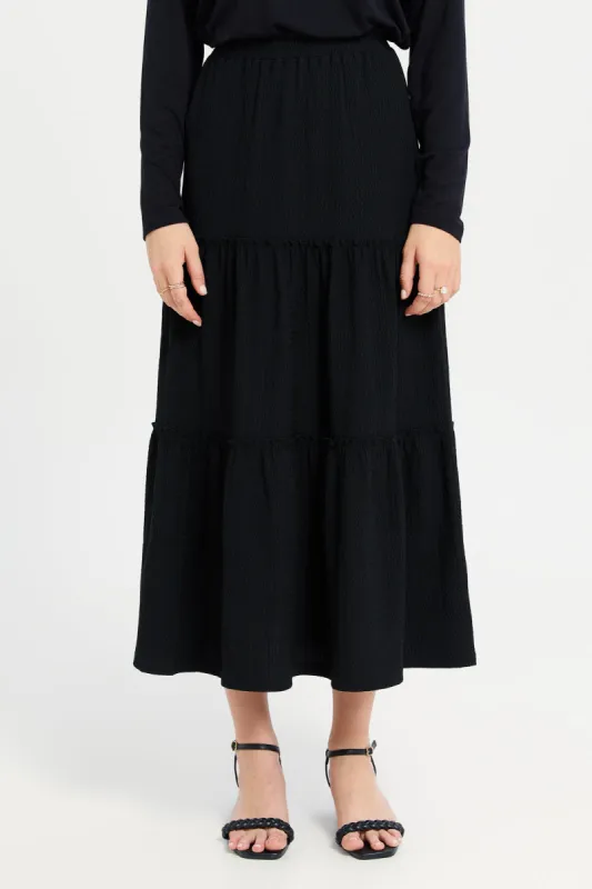 Women Black Textured Tiered Skirt sold by Redtag
