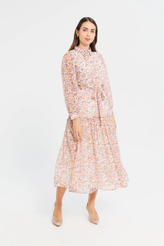 Women Pink Print Dobby Tiered Dress sold by Redtag