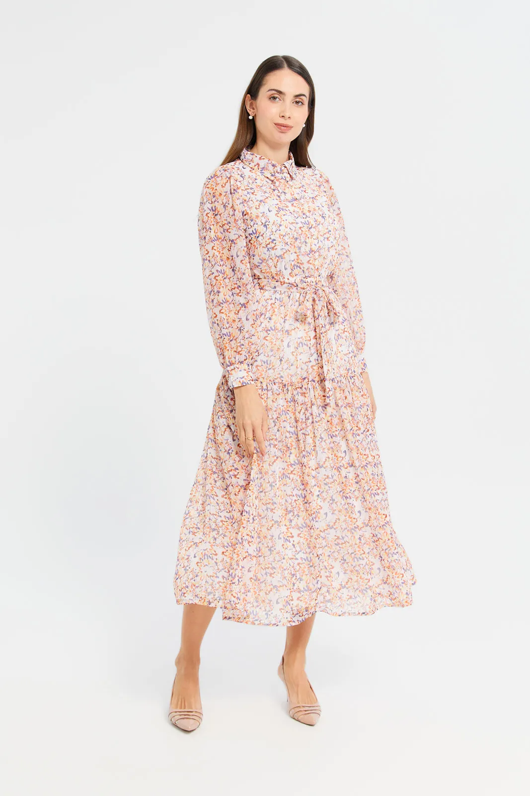 Women Pink Print Dobby Tiered Dress sold by Redtag