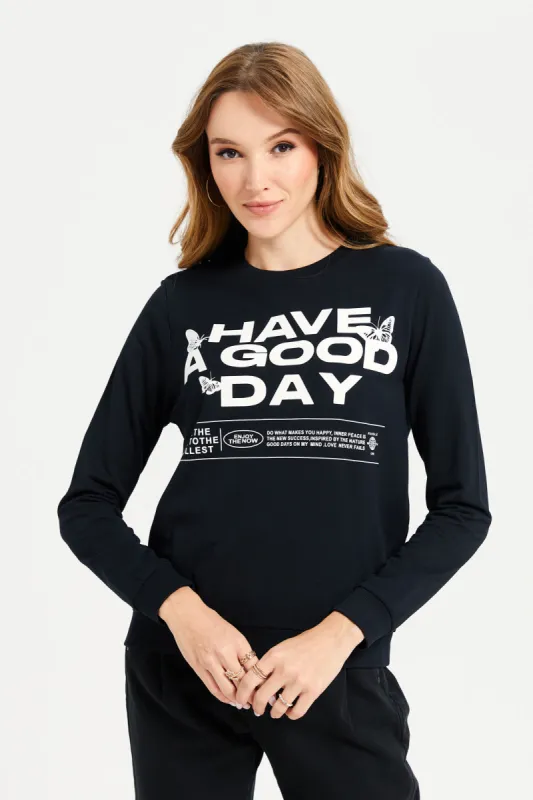 Women Black Have a Good Day Print Sweatshirt sold by Redtag