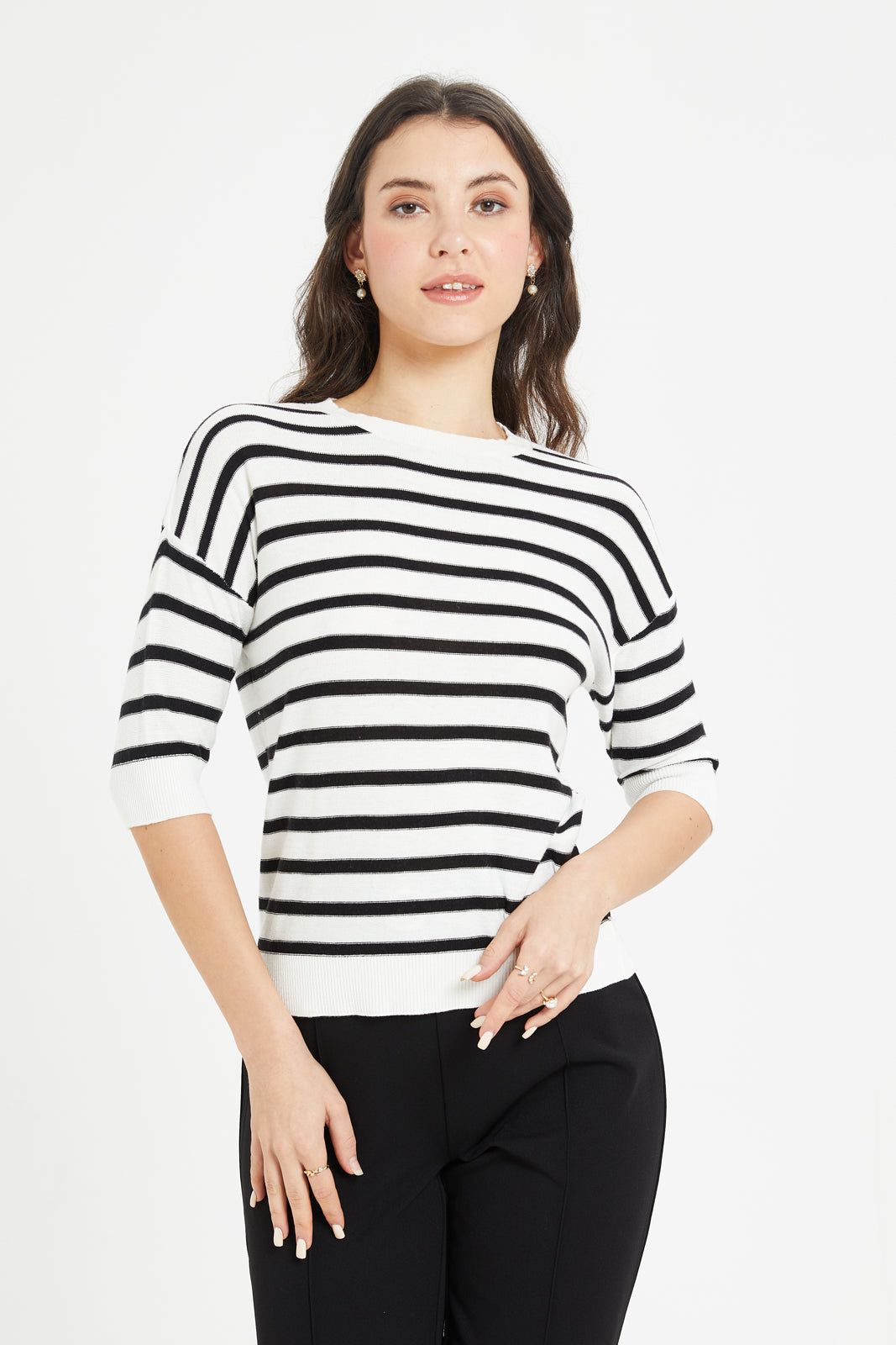 Women Black And White Striped Pullover sold by Redtag