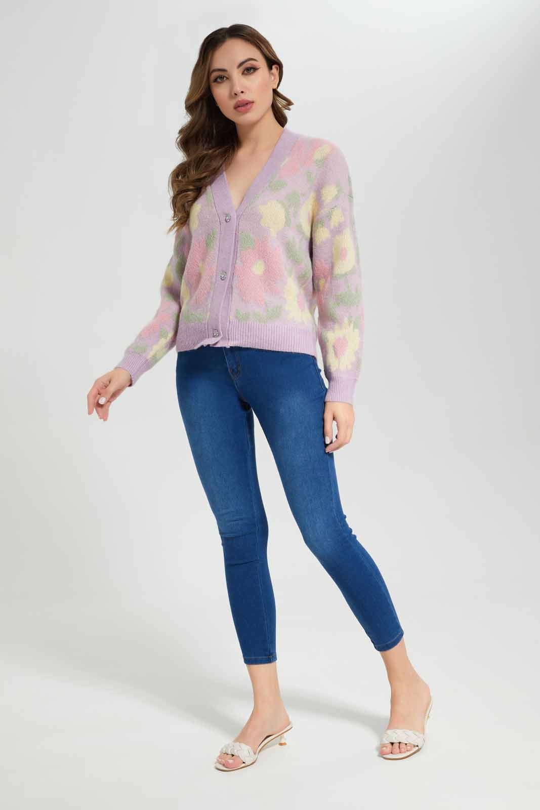 Women Purple Floral Knitted Cardigan sold by Redtag product image thumbnail 2
