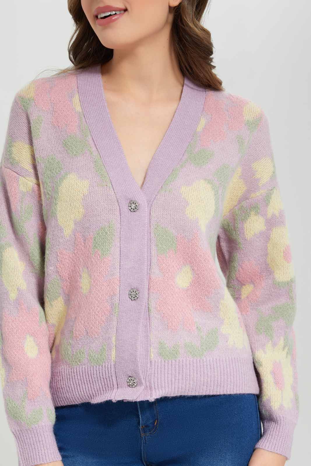 Women Purple Floral Knitted Cardigan sold by Redtag product image thumbnail 3
