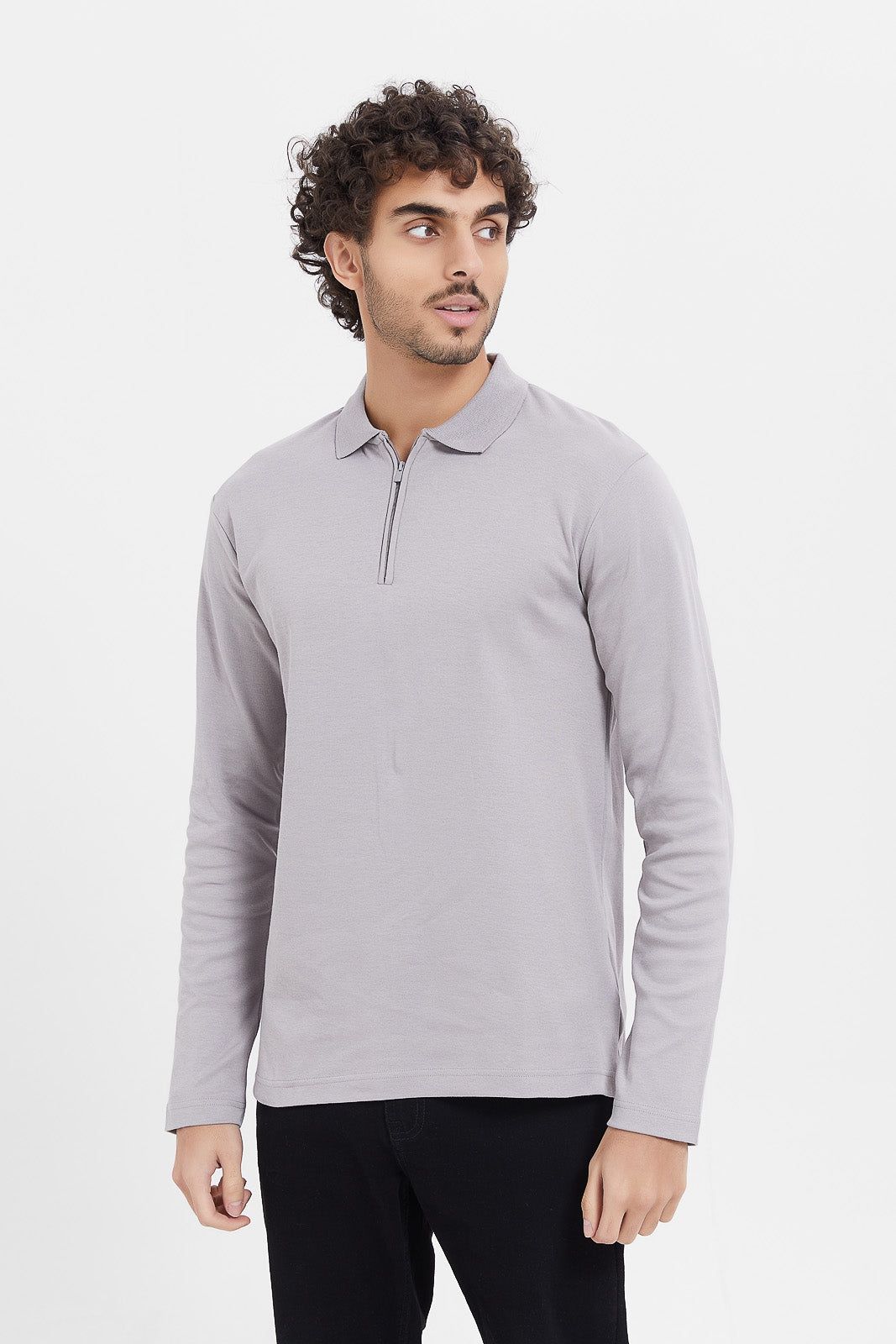 Men Grey Zip Placket Long Sleeve Polo Shirt sold by Redtag