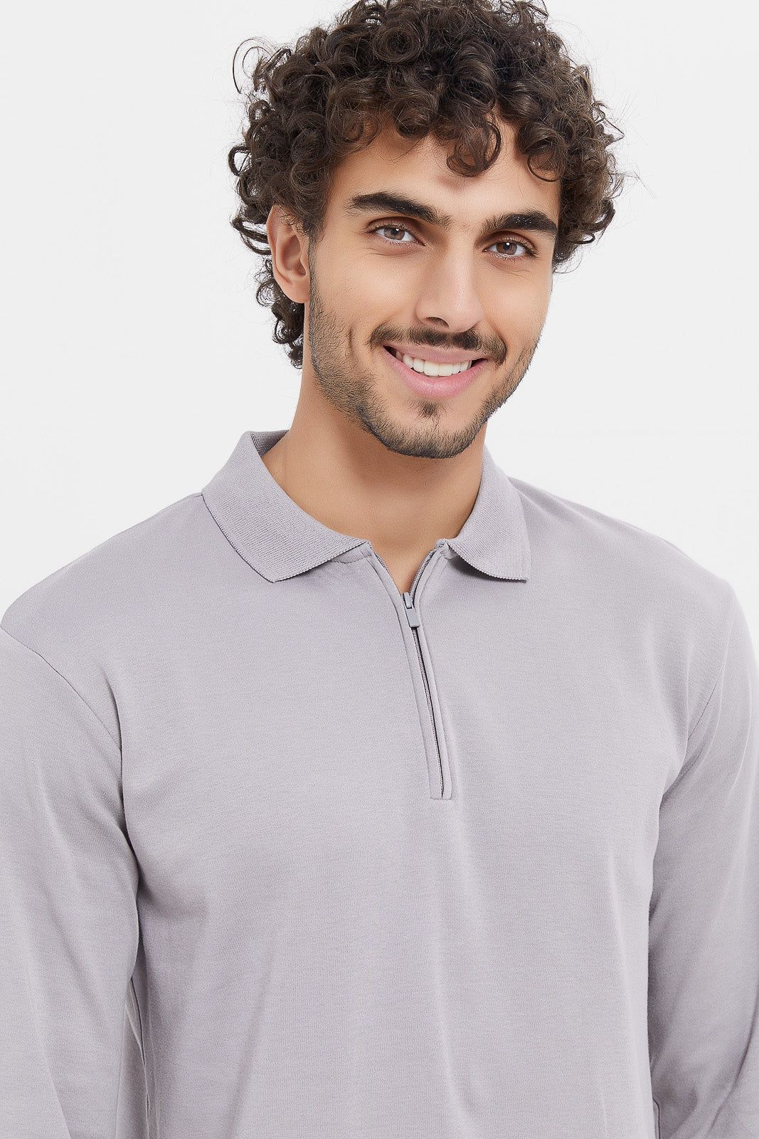 Men Grey Zip Placket Long Sleeve Polo Shirt sold by Redtag product image thumbnail 4