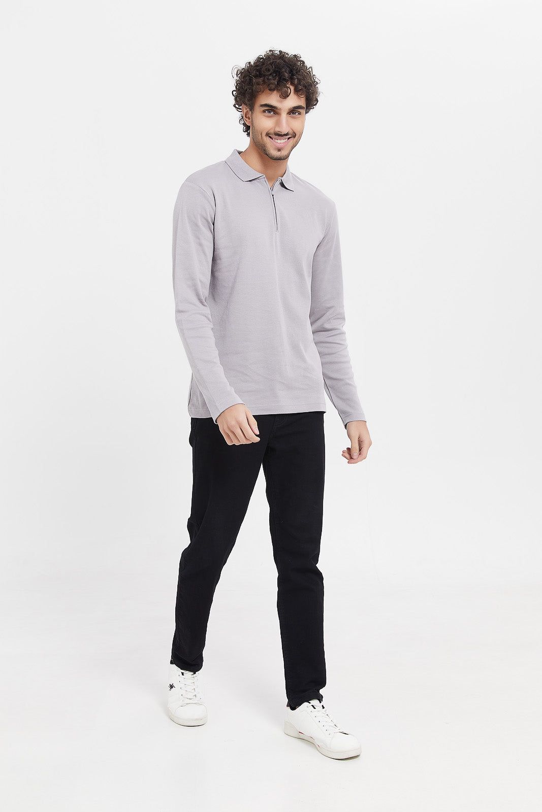 Men Grey Zip Placket Long Sleeve Polo Shirt sold by Redtag product image thumbnail 2