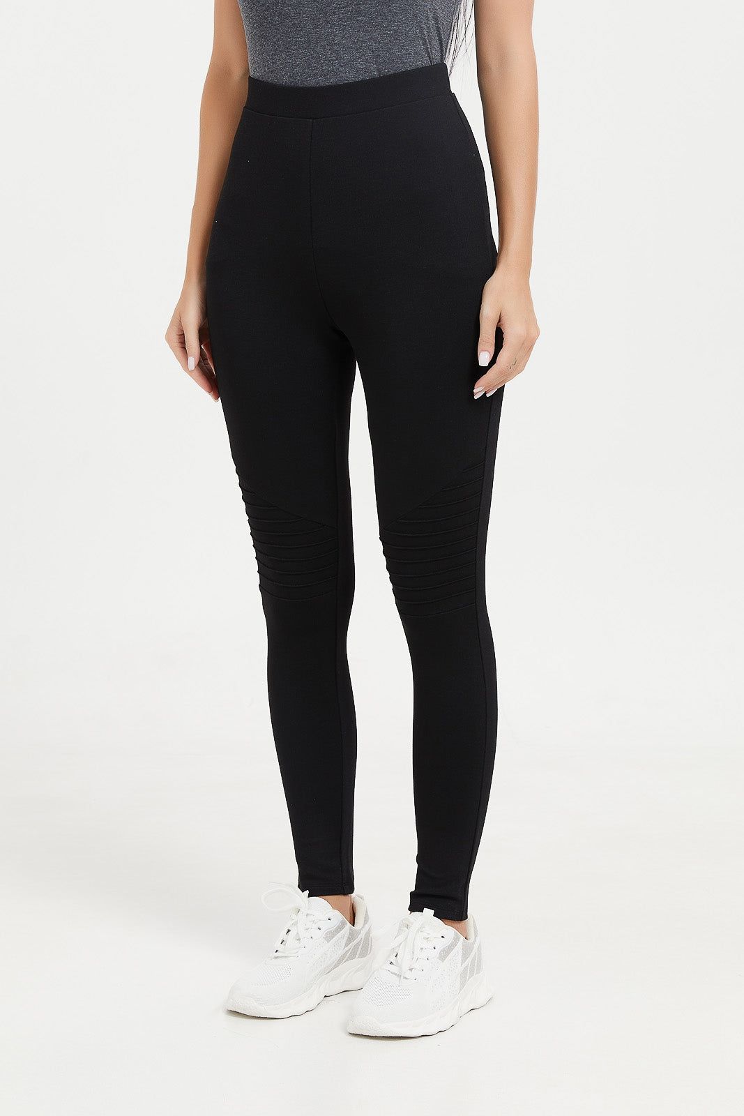 Women Black Ponte Legging With Biker Details sold by Redtag