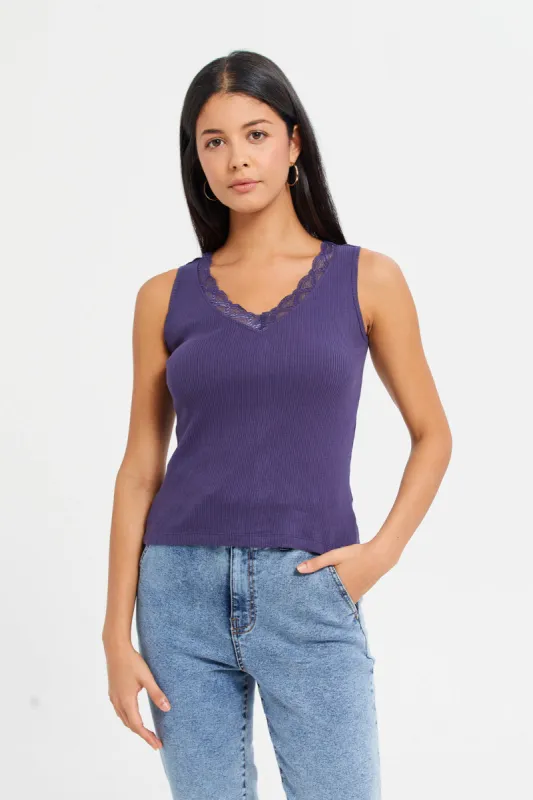 Women Purple Ribbed Lace Vest sold by Redtag