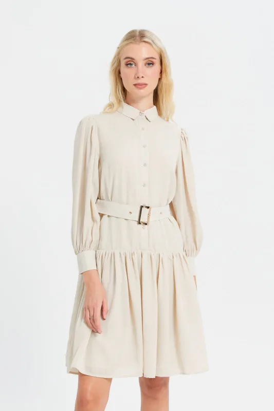 Women Beige Plain Shirt Dress sold by Redtag