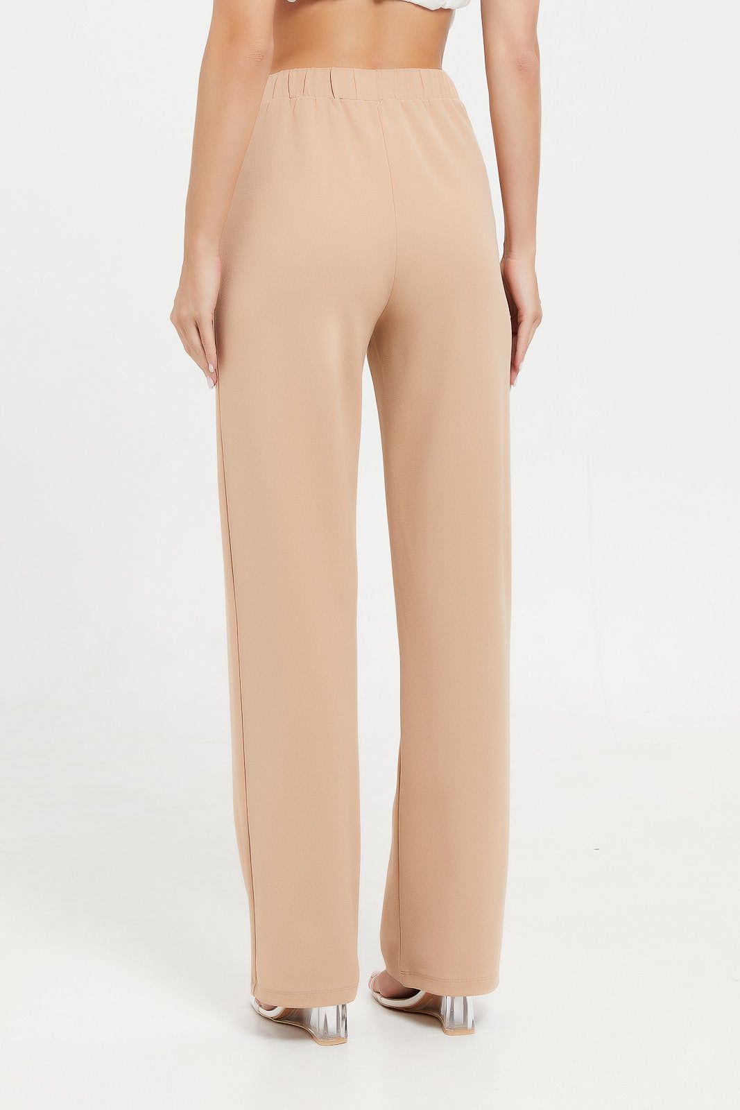 Women Beige High Waist Trouser With Elastic Waistband. sold by Redtag product image thumbnail 3