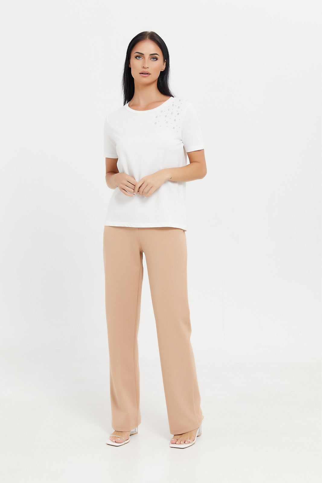 Women Beige High Waist Trouser With Elastic Waistband. sold by Redtag product image thumbnail 2