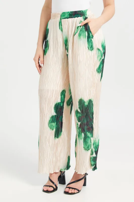 Women Beige And Green Printed Plisse Trouser sold by Redtag