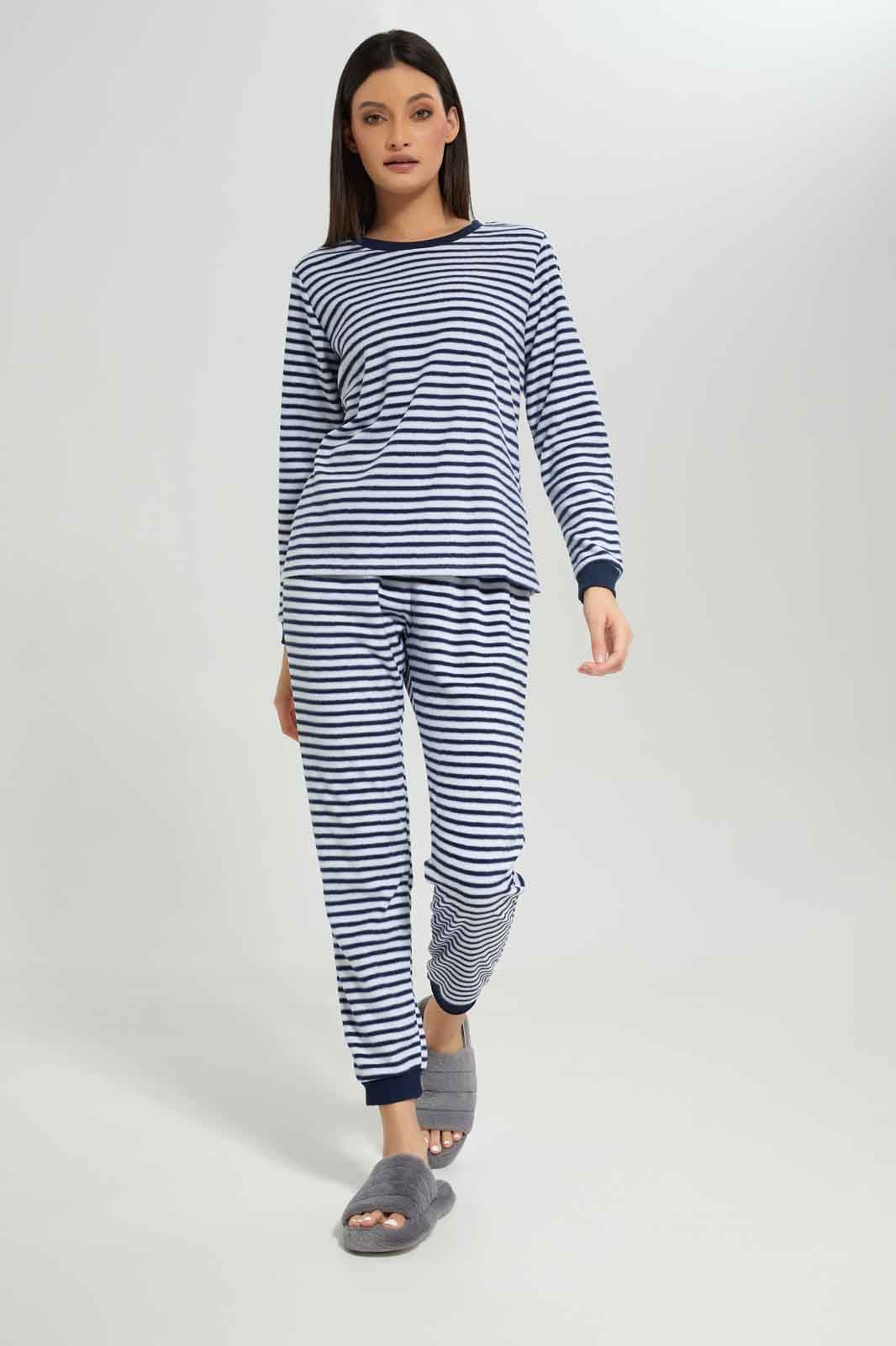 Women Navy And White Striped Pyjama Set (2 Piece) sold by Redtag