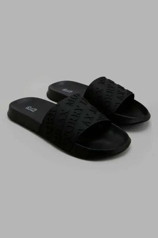 Women Black Slogan Upper Slide sold by Redtag