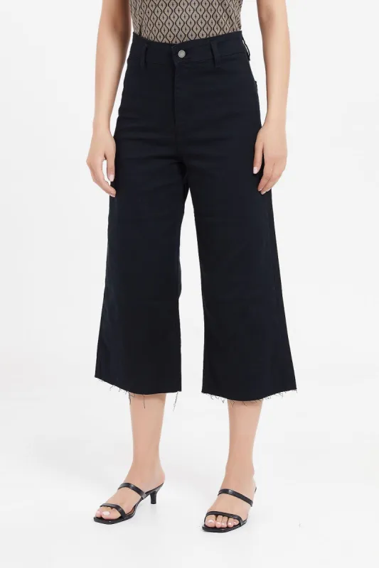 Women Black Cropped Wide Leg Jeans sold by Redtag