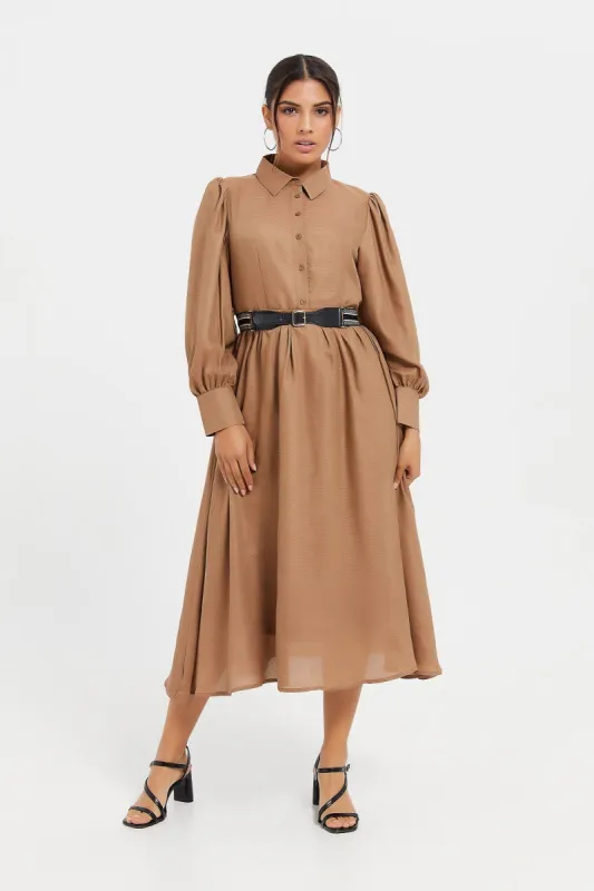Women Beige Belted Dress sold by Redtag