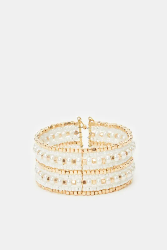 Women Gold Pearls Cuff Bracelet sold by Redtag