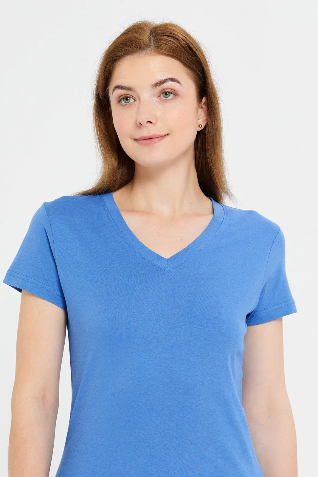 Women Blue Short Sleeve V-Neck T-Shirt sold by Redtag product image thumbnail 4