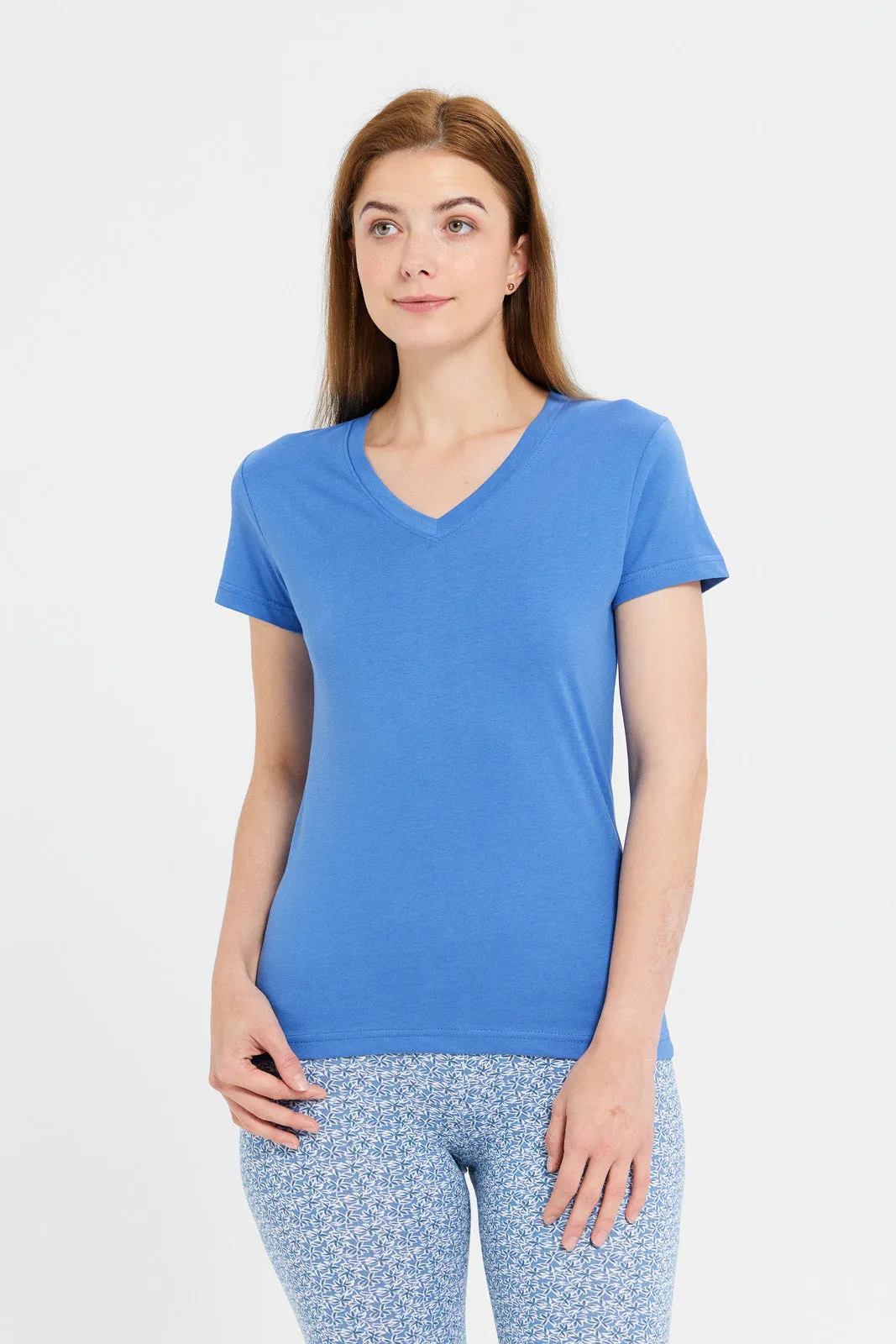 Women Blue Short Sleeve V-Neck T-Shirt sold by Redtag