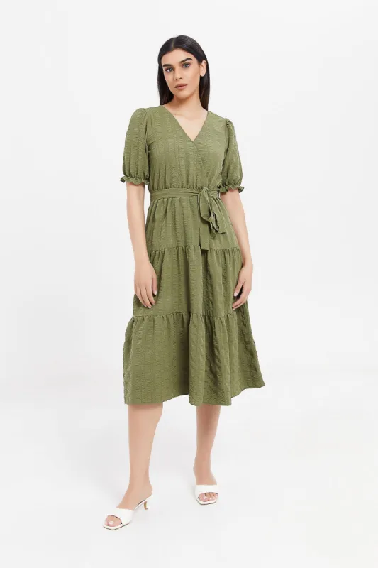 Women Olive Textured Wrap Dress sold by Redtag