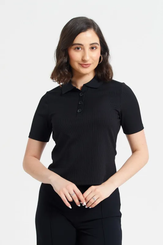 Polo Neck Button Detailed Rib Top sold by Redtag