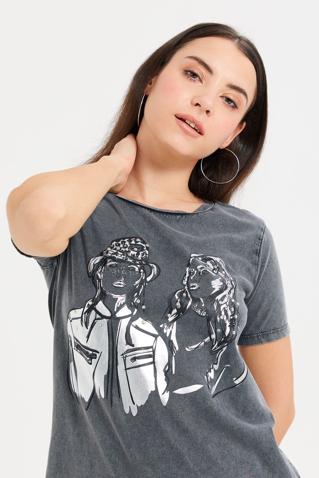 Women Charcoal Embellished T-Shirt sold by Redtag product image thumbnail 4