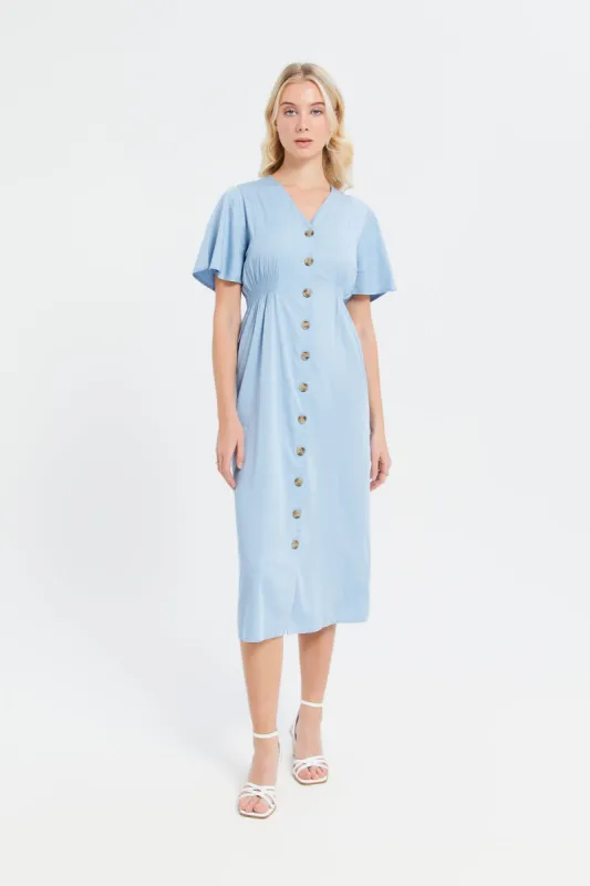 Women Blue Buttoned Midi Dress sold by Redtag