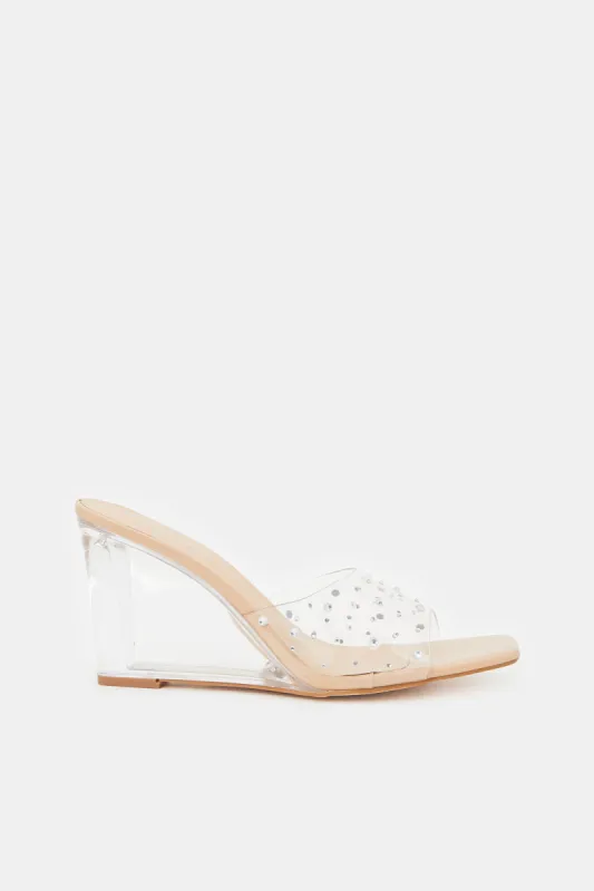 Women Beige Embellished Vinyl Wedge sold by Redtag