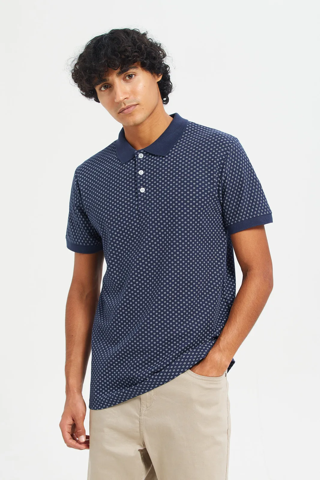 Men Navy Printed Polo T-Shirt sold by Redtag