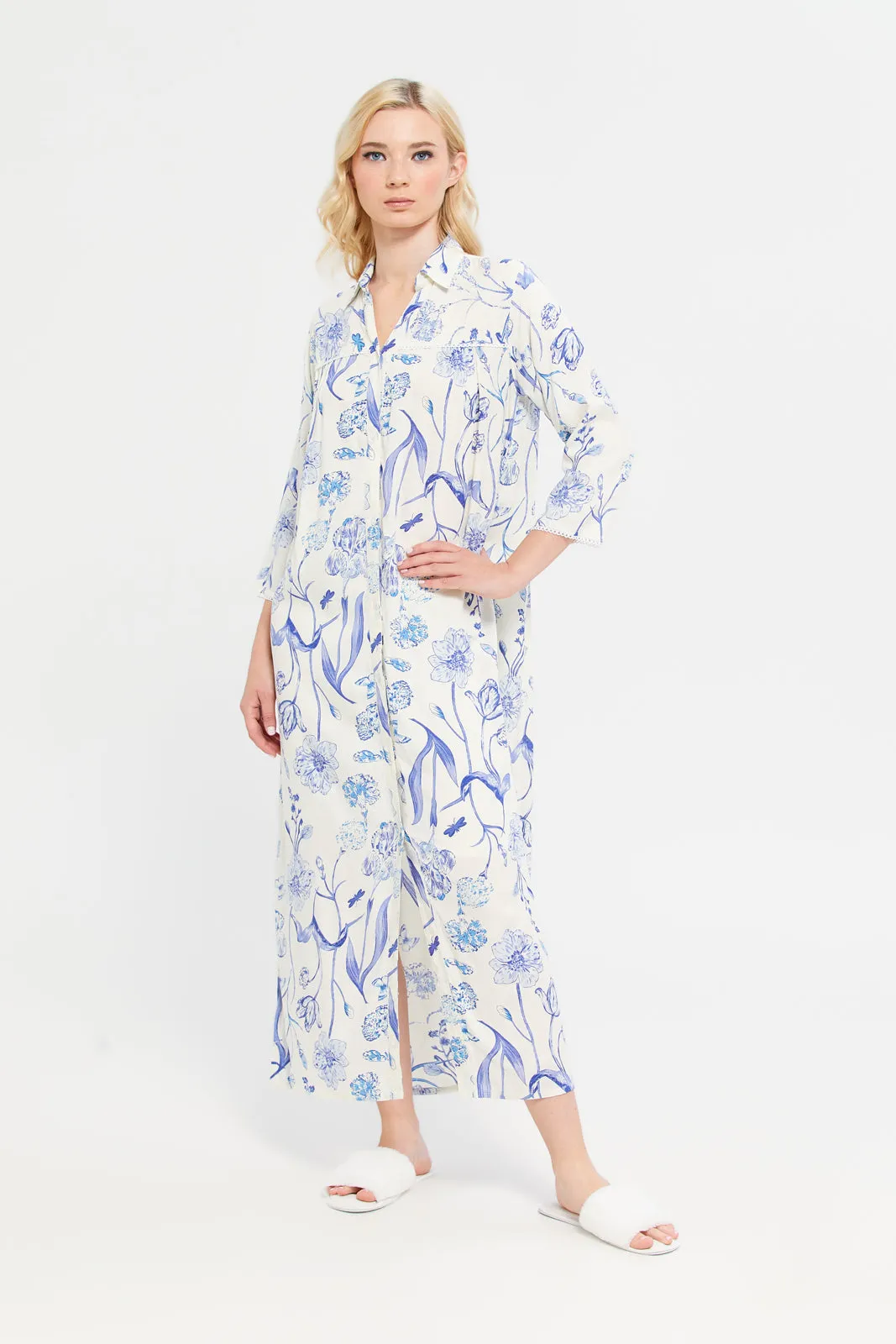 Women Ivory And Blue 3/4 Sleeve Collar Printed Nightgown sold by Redtag
