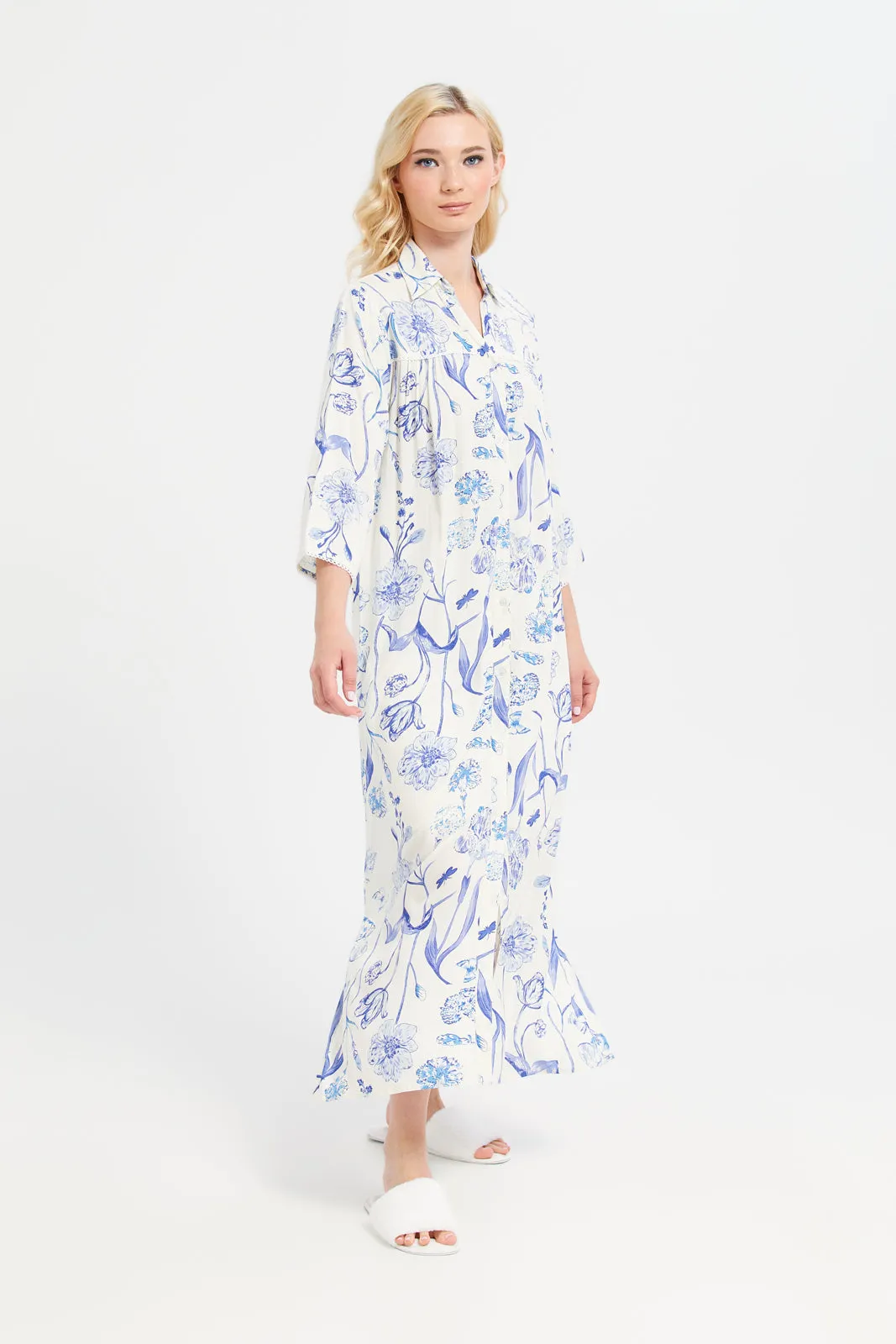 Women Ivory And Blue 3/4 Sleeve Collar Printed Nightgown sold by Redtag product image thumbnail 4