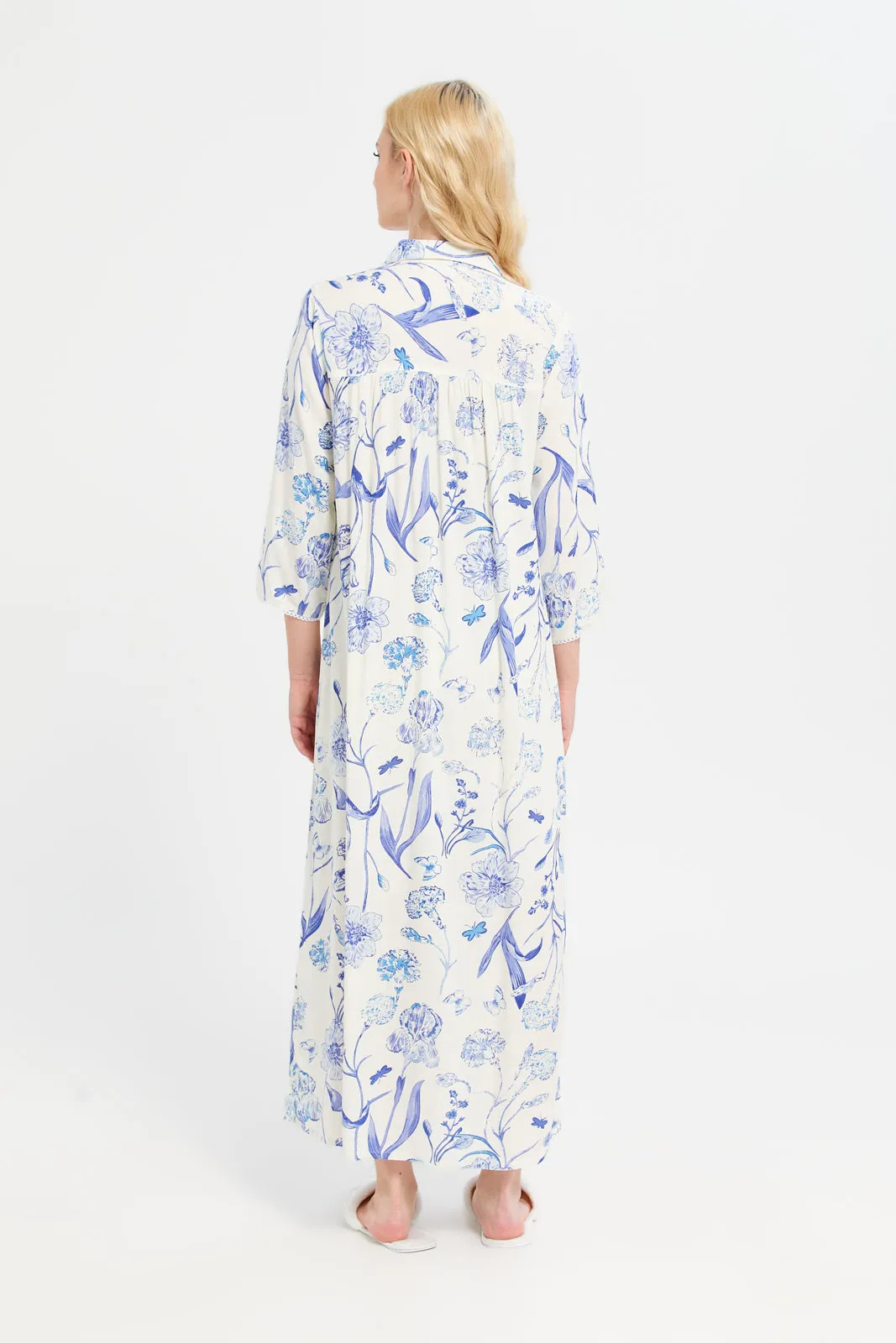 Women Ivory And Blue 3/4 Sleeve Collar Printed Nightgown sold by Redtag product image thumbnail 3