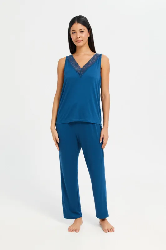 Women Blue Floral V-Neck Cami Set (2 Piece) sold by Redtag