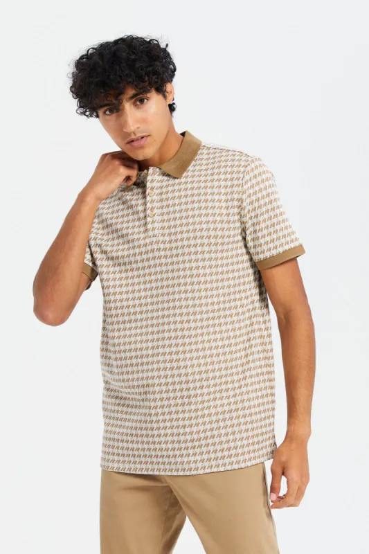 Men Beige Check Luxe Jacquard Polo Shirt sold by Redtag