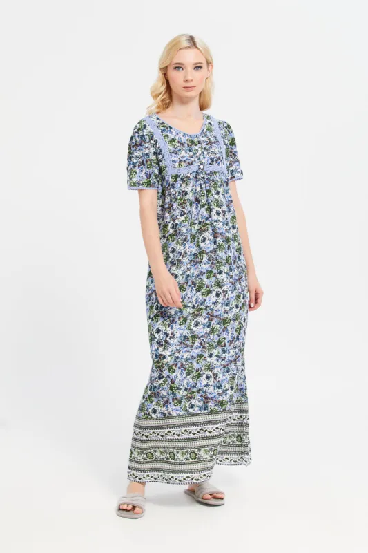 Women Blue Short Sleeve Printed Dobby Nightgown sold by Redtag