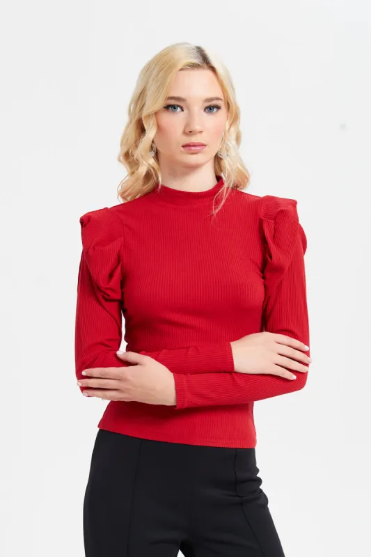 Women Red Mock Neck Long Sleeves Top sold by Redtag