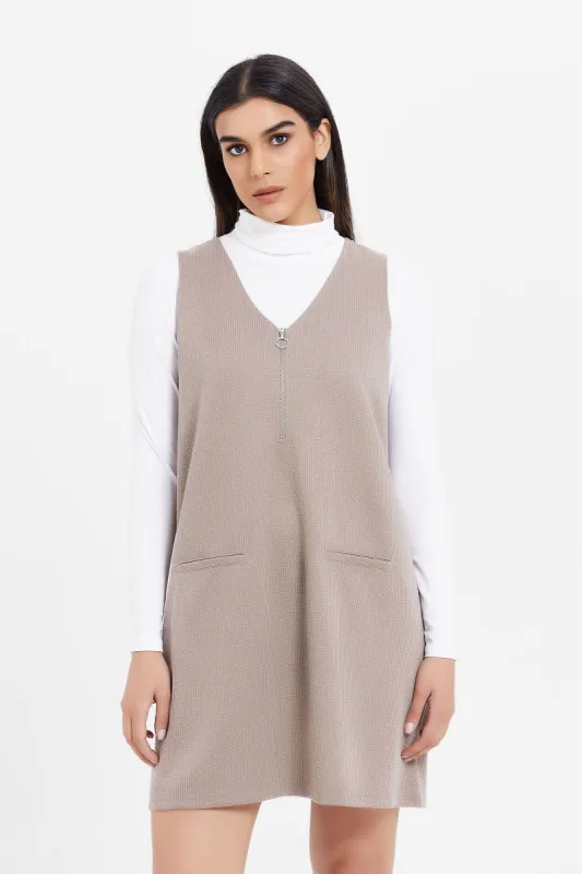 Women Beige Jacquard Tunic With Metal Zipper sold by Redtag