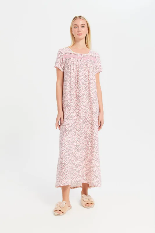 Women Pink And White Printed Nightgown sold by Redtag