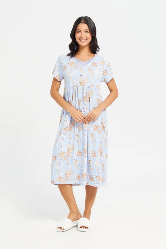 Women Blue Printed Short Sleeve Nightgown sold by Redtag