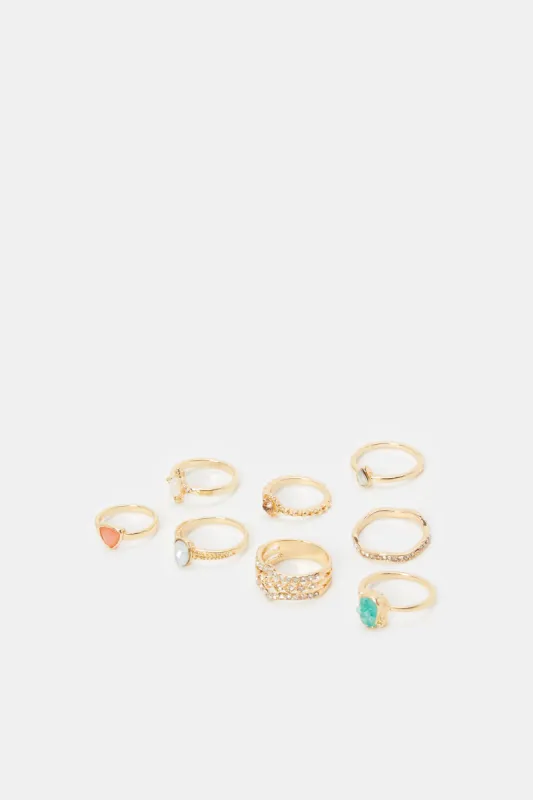 Women Gold Embellished Ring Set (8 Piece) sold by Redtag